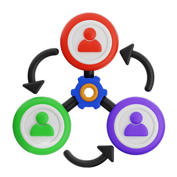 Three people are connected to a gear wheel png