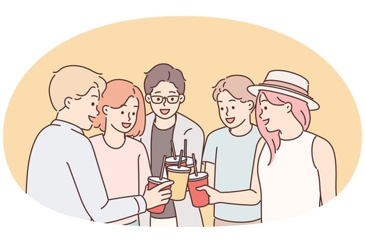 Group of young guys and girls drink drinks during holiday party from disposable cups with straw vector