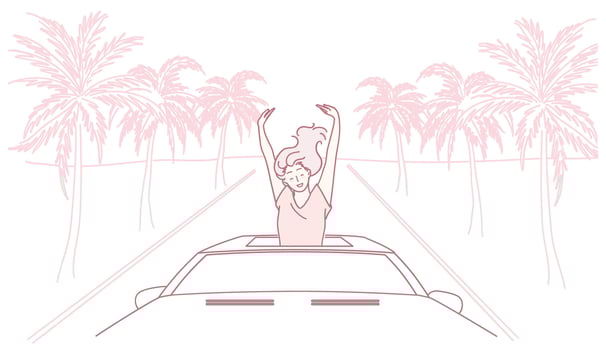 Woman enjoying a road trip with palm trees vector