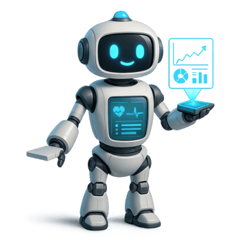 Friendly Futuristic Robot Assistant Holding Smartphone with Data png