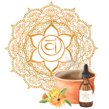 Watercolor clay pot with hot herbal infusion and glass vial with essential oil and calendula flowers and green leaves. Golden orange sacral chakra Svadhisthana with mandala. Hand-drawn illustration png