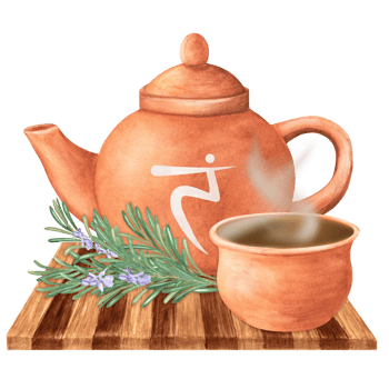 Watercolor clay teapot with Solar plexus chakra symbol, terracotta pot with hot herbal infusion and rosemary bouquet on wooden tray. Ayurveda, yoga clipart. Hand-drawn illustration png