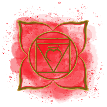 Golden Root chakra Muladhara on red watercolor background with splatter and Sanskrit symbol in the center. Indian culture. Energy balance clipart. Hand-drawn illustration. png