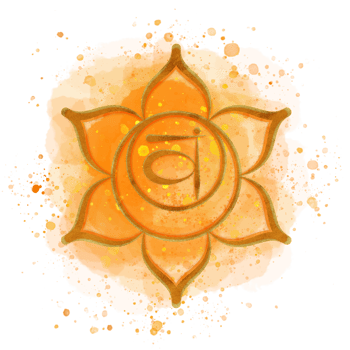 Golden Sacral chakra Svadhisthana on watercolor orange background and Sanskrit symbol in the center. Energy balance. Hand-drawn illustration for covers, package, textile png