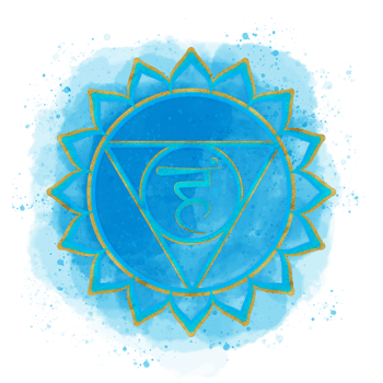 Golden Throat chakra Vishuddha symbol on blue watercolor background and splatter Sanskrit letters in the center. Energy healing clipart. Hand-drawn illustration for postcards, covers, covers png