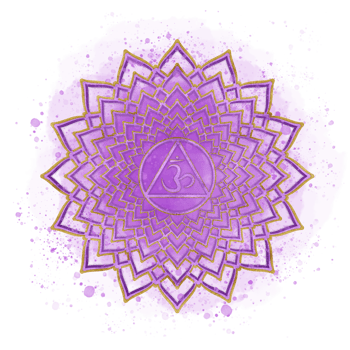 Crown chakra Sahasrara on lilac watercolor background with splatter. Elegant golden chakra with Sanskrit symbol. Energy balance clipart. Hand-drawn watercolor illustration png