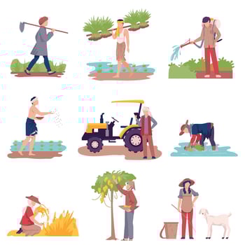 Asian Farmers Picking Agricultural Crops and Cultivating Soil Illustration Set vector