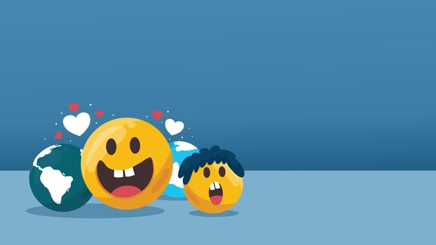 Two smiling emojis with hearts and world map background showing love vector