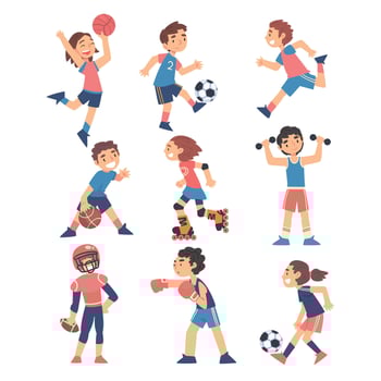 Children Playing Various Sports Set, Boys and Girls Playing Ball, Roller Skating, Boxing, Healthy Lifestyle Concept Cartoon Style Illustration vector