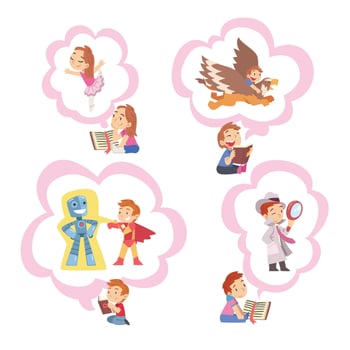 Children Reading Fairy Tail Fantasy Books about Griffin, Superhero, Detective, Kids Imagination Concept, Fairy Tales, Stories, Discoveries Cartoon Style Illustration vector