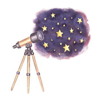 Telescope and yellow bright stars in night sky watercolor illustration for kids design. Hand drawn isolated study equipment of outer space. Education concept. Clipart for scientific childrens theme. png