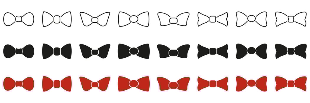 Bow Tie Icon Set In Line, Solid, And Color Styles. Fashion Accessory, Formal Wear, And Style Symbol Collection. Includes Outline, Silhouette, And Red Variations. Isolated Illustration vector