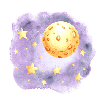 Yellow full moon in night sky and stars watercolor isolated illustration for kids design. Cute hand drawn selestial rund luna. Decoration element for nursery or baby textile. Clipart of fairy dreams png