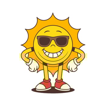 Confident Sun Mascot in Sunglasses Standing with Hands on Hips in Retro Style Illustration vector