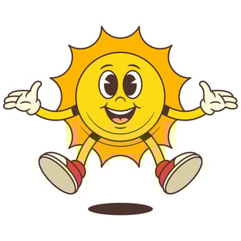 Happy Cartoon Sun Mascot Jumping Up With Arms Spread Wearing Sneakers And Gloves Illustration vector