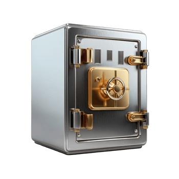 Shiny Silver and Gold Safe with Combination Lock on White Background png