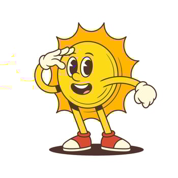 Cheerful Vintage Cartoon Sun Mascot Searching Ahead With Hand As Visor Illustration vector