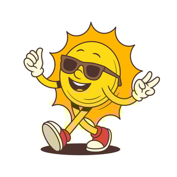 Confident Sun Mascot Wearing Sunglasses Showing Victory Hand Gesture Walking Proudly Illustration vector