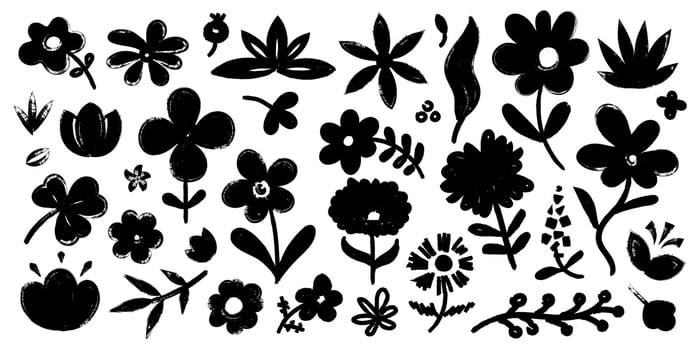 Brush stroke flower. Abstract floral silhouettes with paint brush strokes, monochrome blossom bouquet leaves stems grunge stencil art. floristic isolated set vector