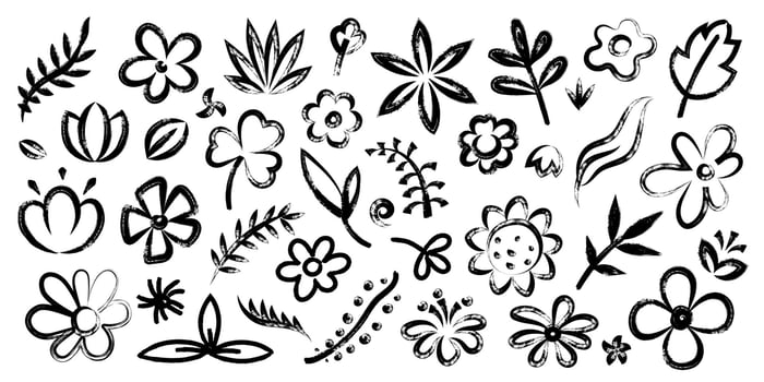 Hand drawn brush flower. Floral ink sketch elements, grunge doodle floristic stroke silhouettes, simple spring blossom plants. isolated set vector