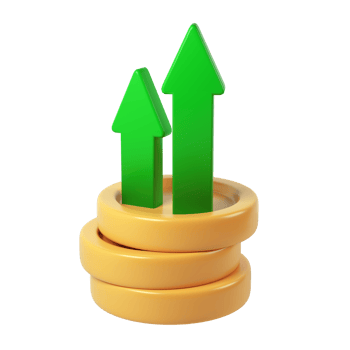 stack, Green arrows rising from golden coin icon representing financial growth, investment performance, digital 3d rendering against transparent background png