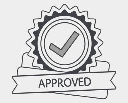 Approved badge illustration featuring check mark symbol and ribbon banner vector