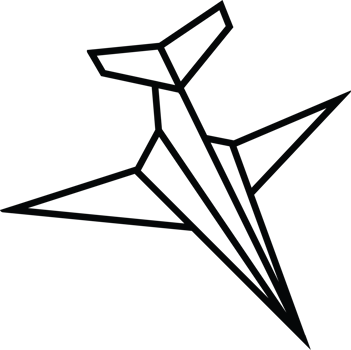 Black outline of a stylized angular airplane design, representing simplicity and flight. png