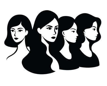 Elegant illustration of four diverse women silhouettes in a modern black and white style vector
