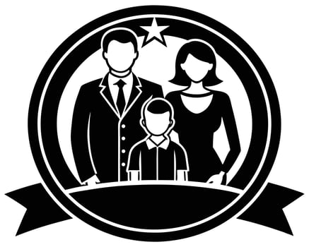 Family portrait illustration featuring father mother and son within a circular emblem design vector
