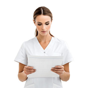 Focused female nurse reviewing medical chart in white uniform png