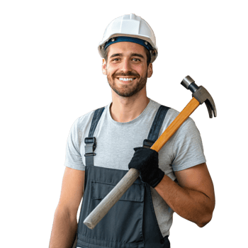 Smiling male construction worker holding hammer wearing hard hat and overalls png