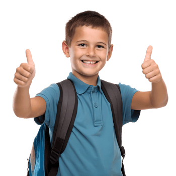 Happy schoolboy with backpack giving thumbs up png