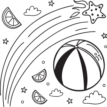 Whimsical Beach Ball Coloring Page Rainbow, Stars, and Summer Fruits Under a Joyful Sky - Professional digital artwork with vibrant colors and detailed composition vector