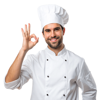 Happy male chef in white uniform showing ok hand gesture. png