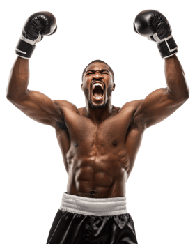 Victorious boxer celebrating triumphantly with raised arms. png
