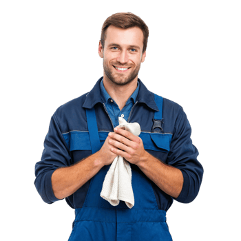 Smiling mechanic in blue overalls holding a clean rag png