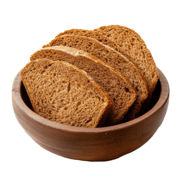Sliced bread in wood bowl on transparent background. png