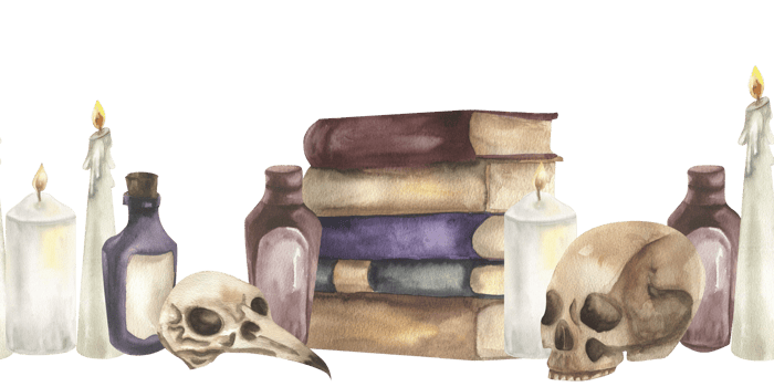 Halloween scary gothic seamless banner with candles,book stack,poison bottles, bird raven and human skull watercolor illustration. Hand drawn autumn witchy border for October wallpaper, card design png