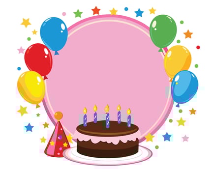Birthday cake with balloons and party hat surrounded by festive colorful decorations celebration vector