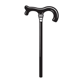 Elegant black silhouette illustration depicting a classic walking cane for mobility aid elderly support or vintage fashion accessory design vector