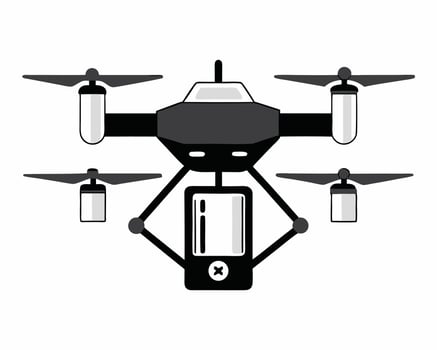 Illustrated black and white drone with a screen displaying error message on isolated white background vector