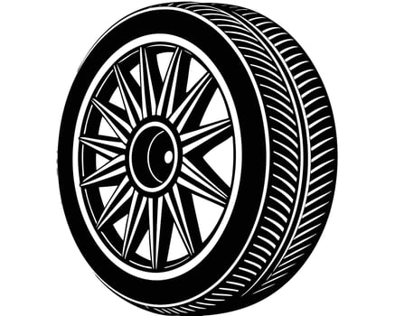 Black and white illustration of a stylized car wheel showing rim and tire tread detail vector