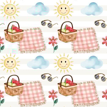 Colorful picnic pattern with sun and basket vector