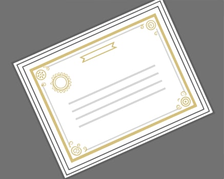Elegant certificate template with ornamental gold accents on a white paper with lines and ribbon element. vector