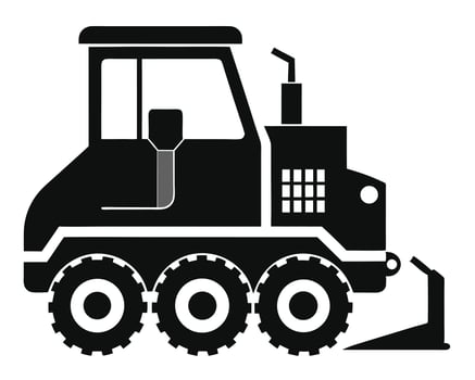 Black and white illustration of a heavy-duty industrial earthmoving bulldozer on white background. vector