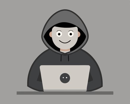 Anonymous hacker wearing a hoodie working on laptop computer on a gray background vector