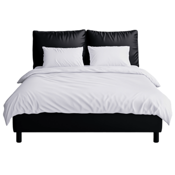 Luxurious Modern Bed with Black Pillows and Crisp White Bedding in Bright Interior png