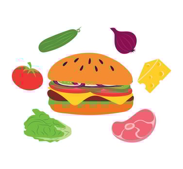 Cheeseburger or burger surrounded by ingredients for cooking. vector