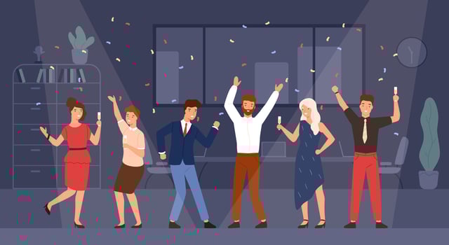 Joyful managers or colleagues celebrating holiday together. Happy men and women having fun and drinking champagne at office corporate party. Colorful illustration in flat cartoon style. vector