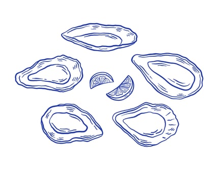 Set of hand drawn oyster with lemon illustration. Seafood mussel delicacy isolated on white background. La dolce vita Italian style. vector
